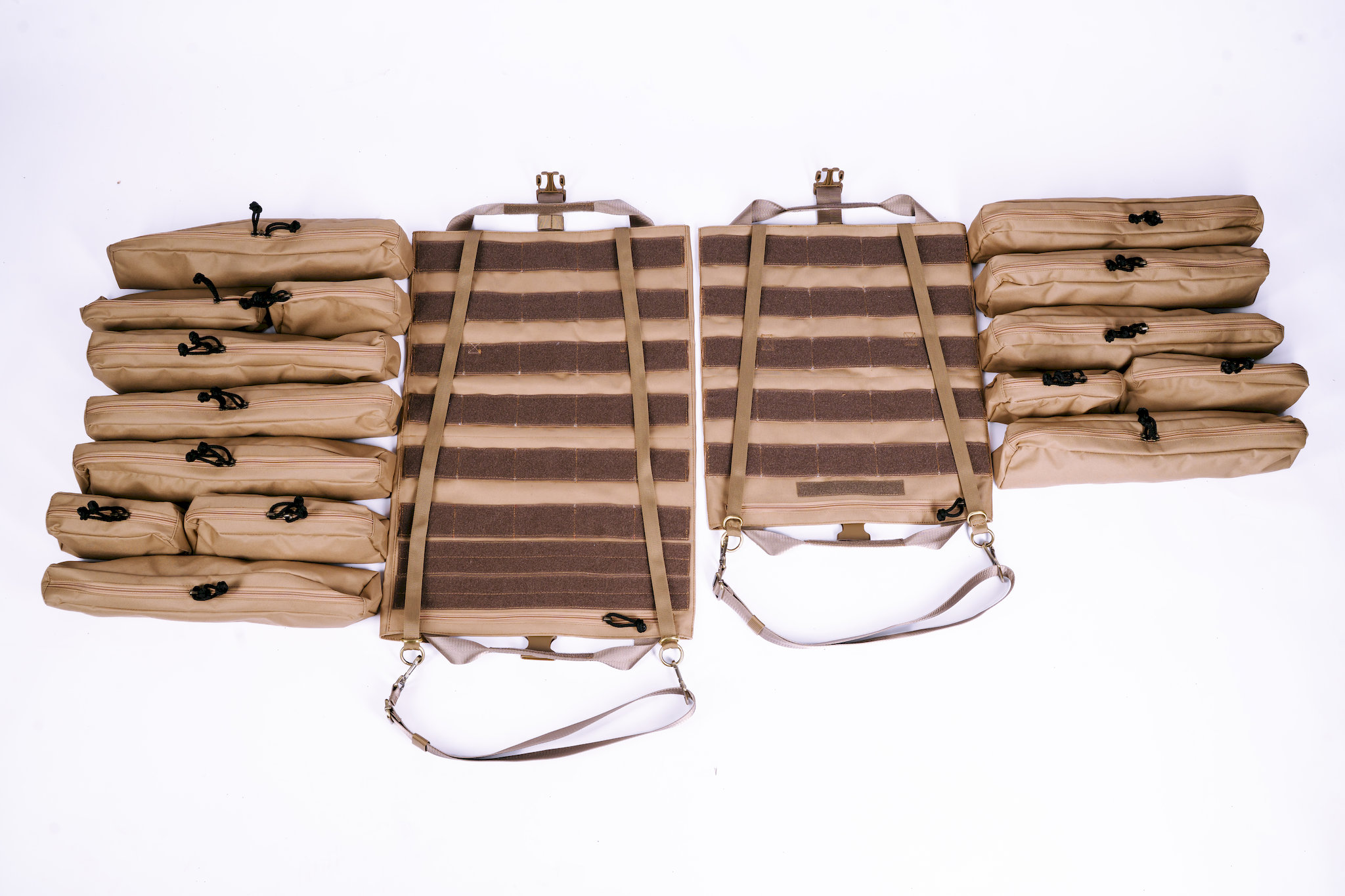Trooper Booster canvas tool bag fully open showing all 9 detachable pockets and PALS velcro panels