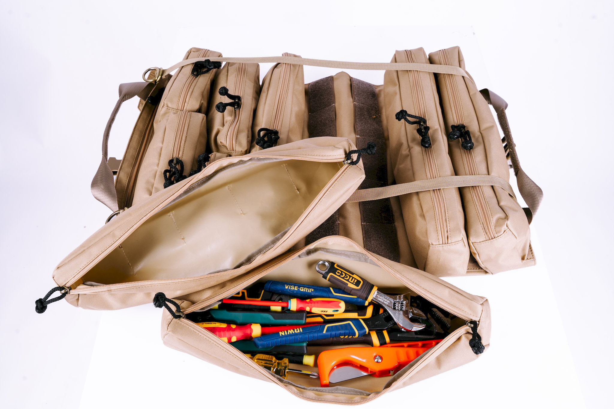 Detachable zipped pocket cases loaded with trade tools — organised tool storage for tradies