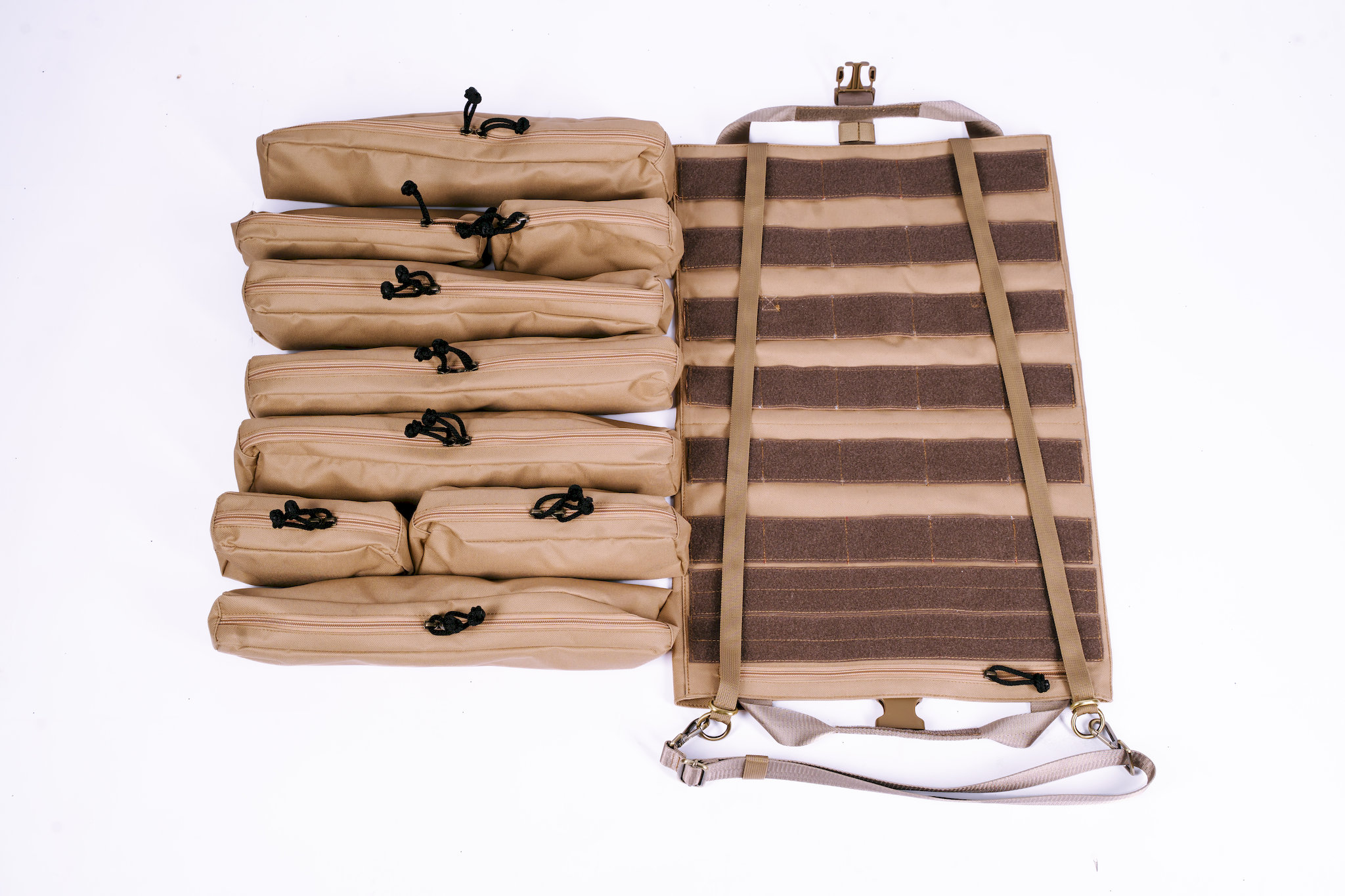 Single PALS velcro panel with 9 modular pocket cases attached — tradie tool storage system